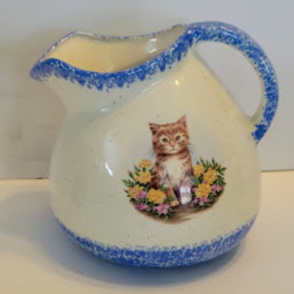 Double Sided Pitcher with Cat Sponged Blue Around Top & Bottom - Picture 1 of 5